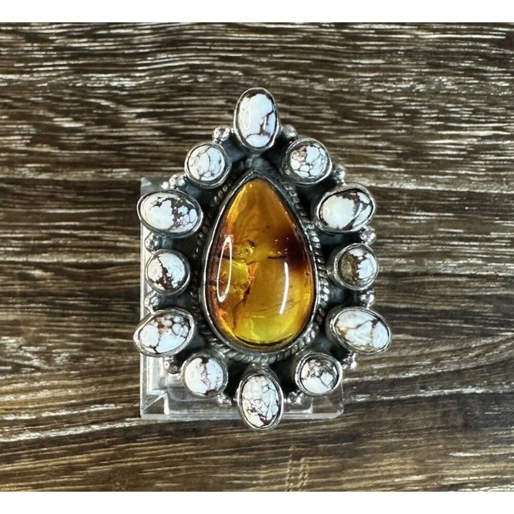 Native Southwest 925 Sterling Wild Horse & Amber Cluster Statement Ring 9.5 Adj